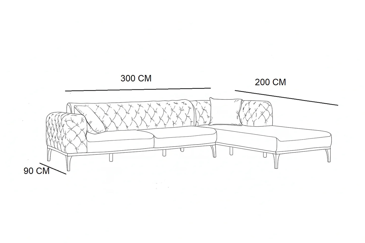 Sofa L Shape - Beech Wood - Velvet Fabric - Green - 300x200x90 cm - Cataloug