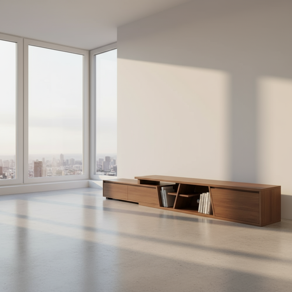 Wooden entertainment console in a modern room with large windows