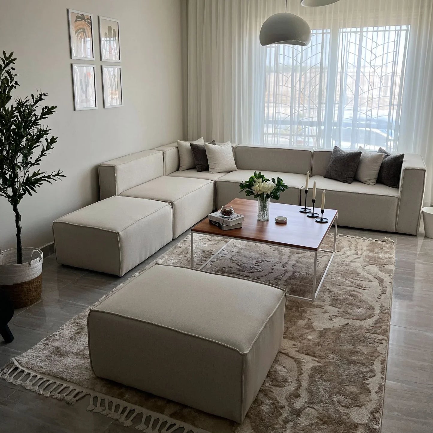 Sofa L Shape & 2 Pouf - Beech Wood - Linen Fabric - Beige - 300x270x90x70 cm - Cataloug