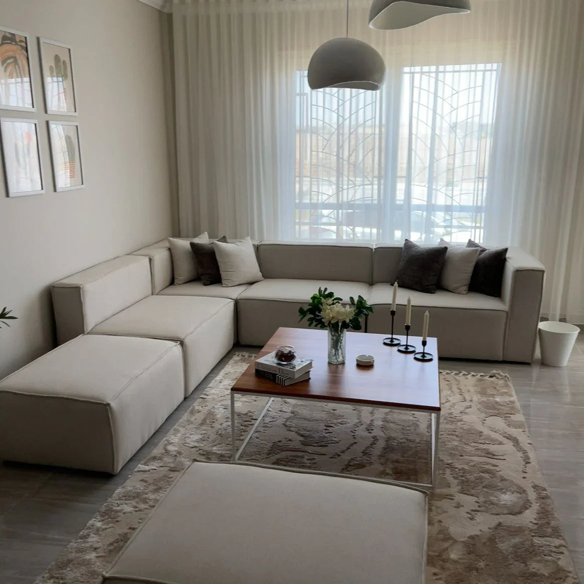Sofa L Shape & 2 Pouf - Beech Wood - Linen Fabric - Beige - 300x270x90x70 cm - Cataloug