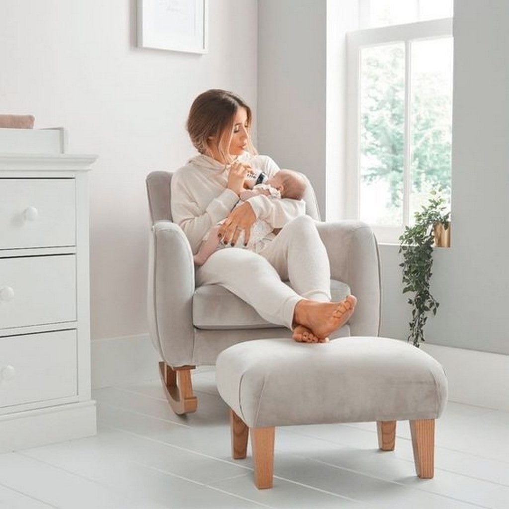 Chair & Pouf - Beech Wood - Velvet - Gray