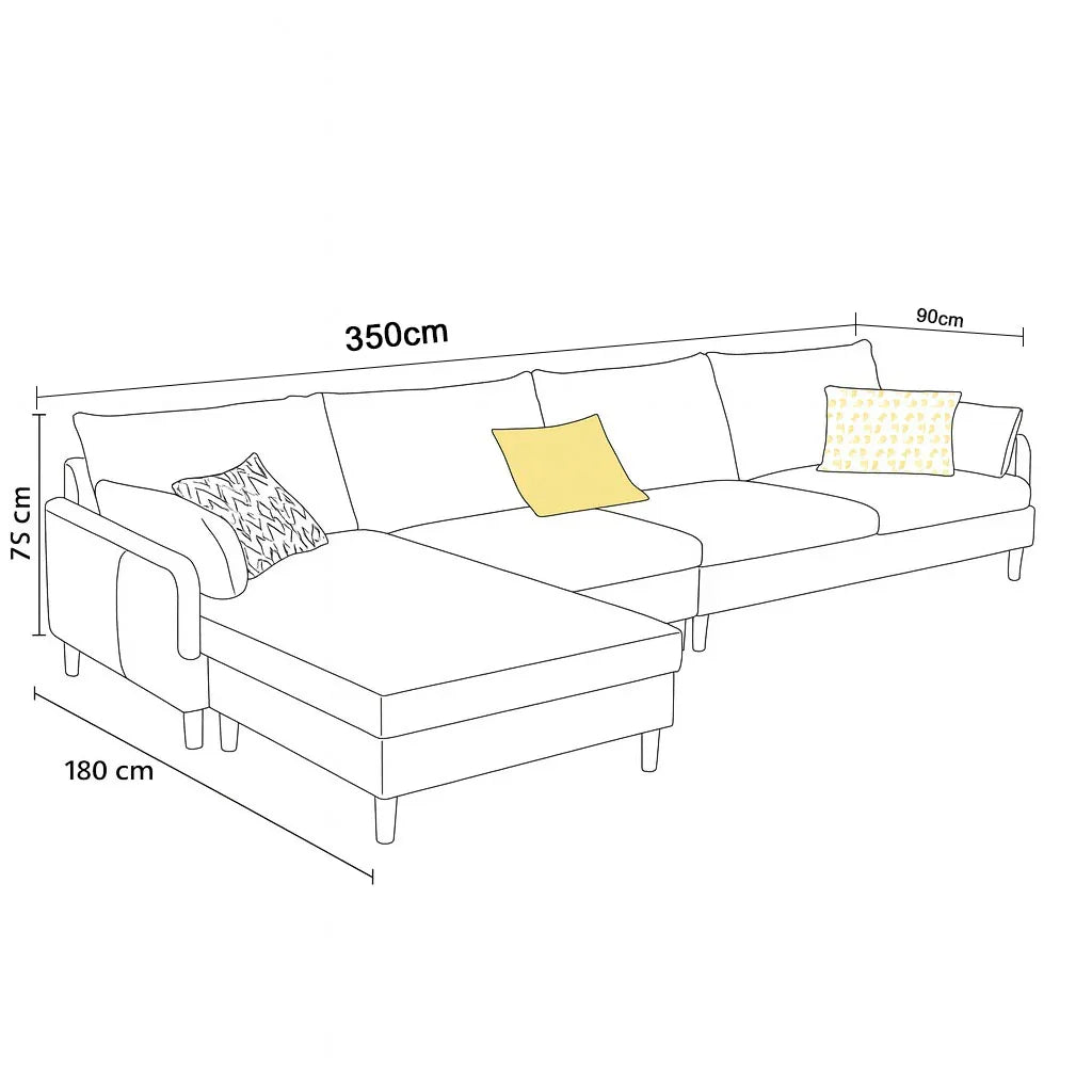 Sofa L Shape - Beech Wood - Linen Fabric - Beige - 350x180x90x75 cm - Cataloug