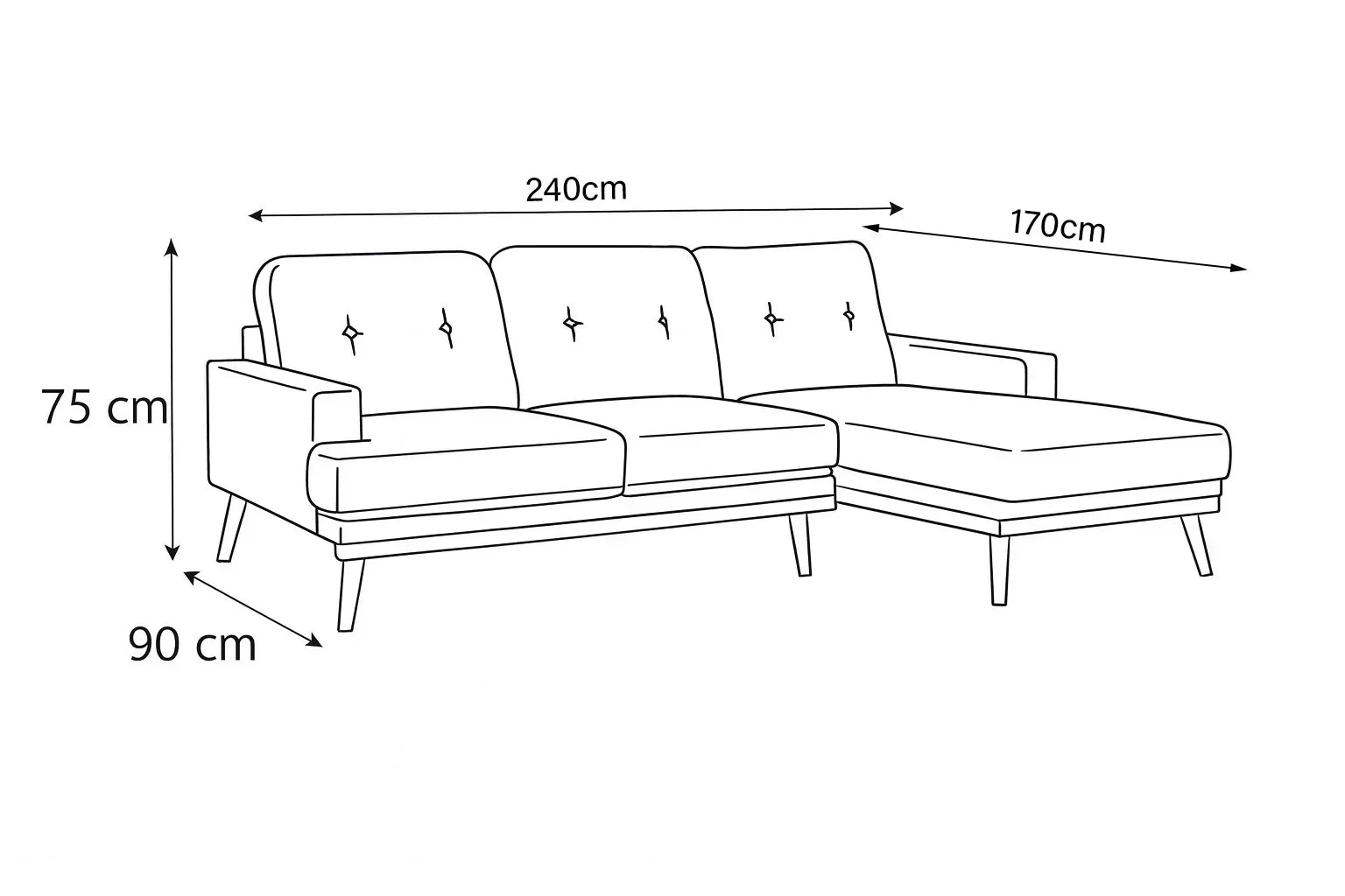 Sofa L Shape - Beech Wood - Linen Fabric - Blue - 240x170x90x75 cm - Cataloug