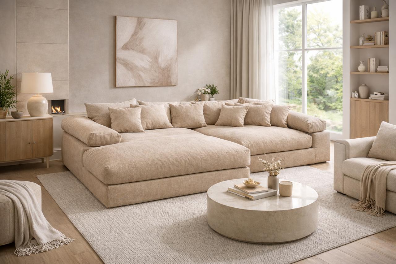 Sofa - Natural Wood - Velvet Fabric - Multi Color - 200x170x85 cm