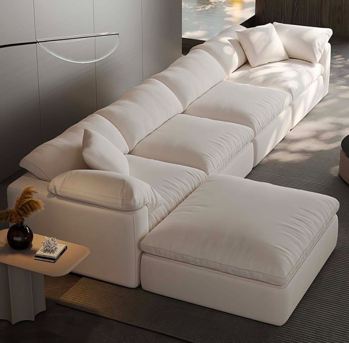 Sofa L Shape - Natural Wood - Off White - 300x180x90x45 cm