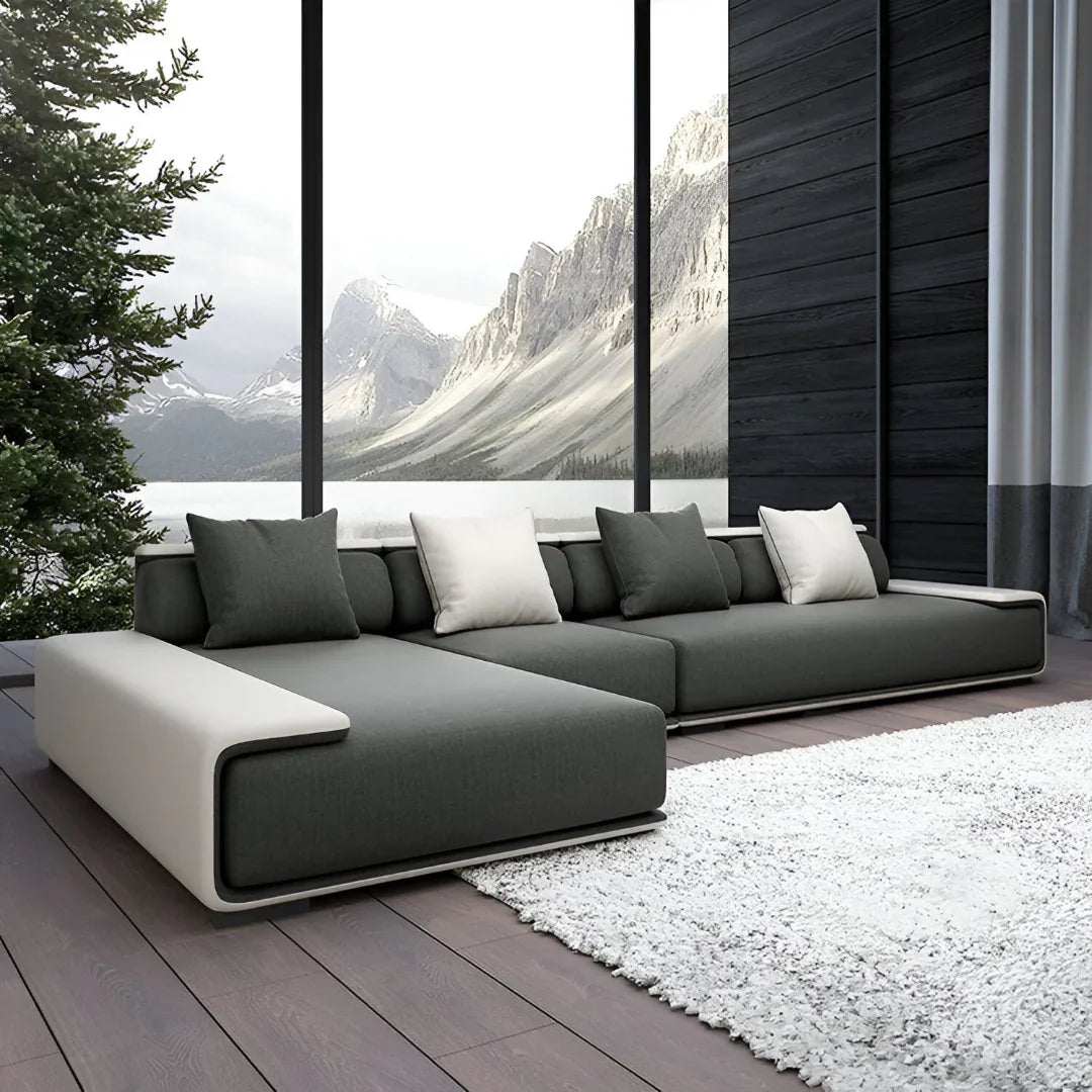 Sofa L Shape - Beech Wood - Linen Fabric - Grey & Beige - 280x180x90x75 cm - Cataloug
