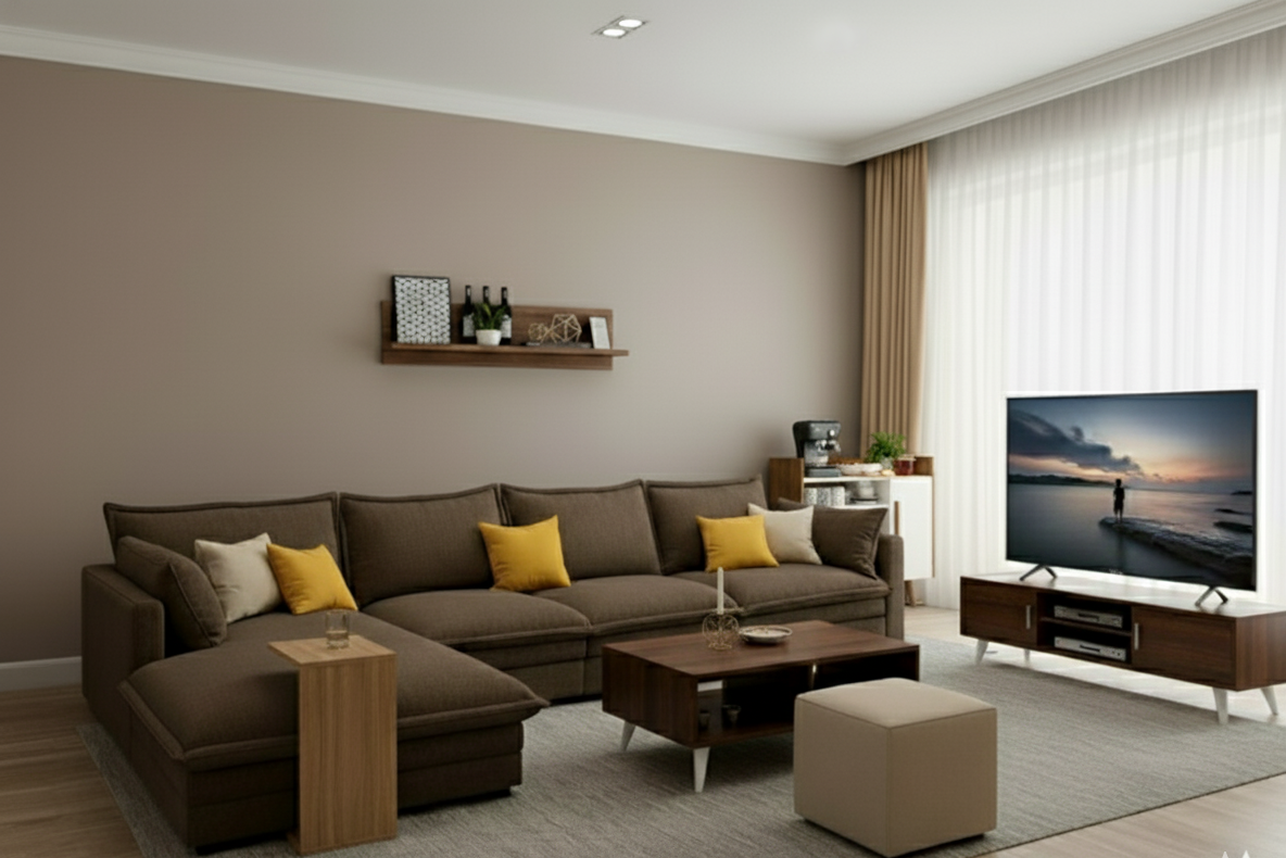 Modern living room with brown sectional sofa, coffee table, and TV.