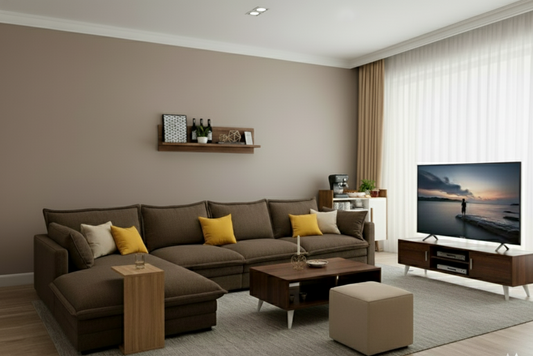 Modern living room with brown sectional sofa, coffee table, and TV.