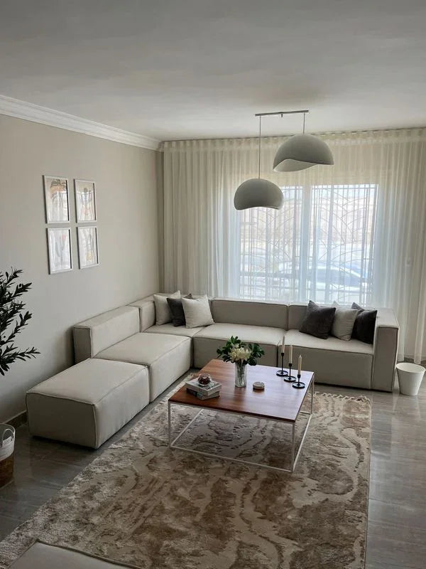 Sofa L Shape & 2 Pouf - Beech Wood - Linen Fabric - Beige - 300x270x90x70 cm - Cataloug