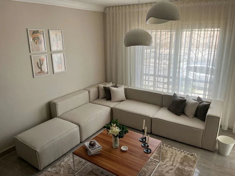 Sofa L Shape & 2 Pouf - Beech Wood - Linen Fabric - Beige - 300x270x90x70 cm - Cataloug