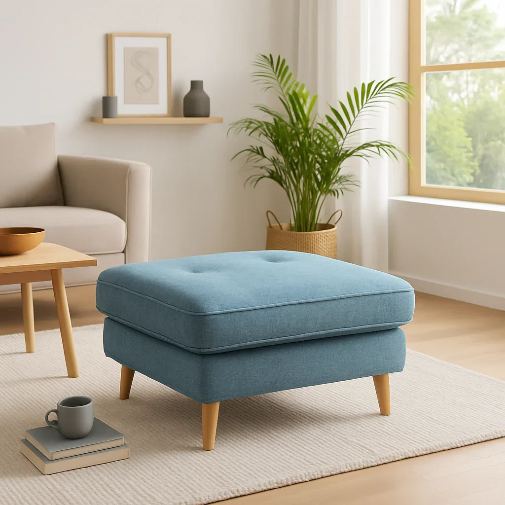 Sofa & Pouf - Beech Wood - Linen Fabric - Blue - 200x85 cm 60x60 cm - Cataloug