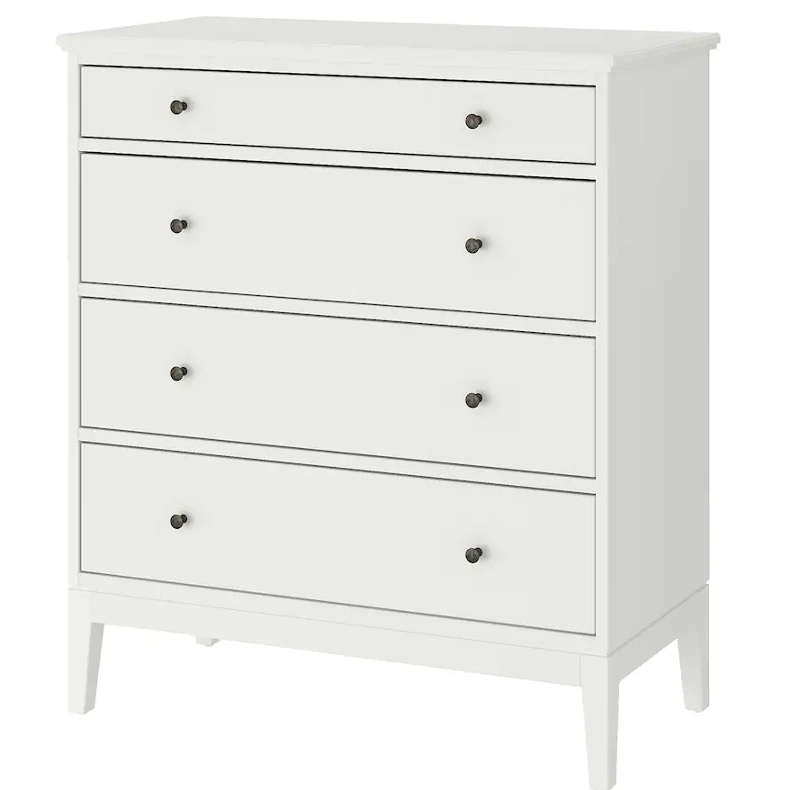 White dresser with four drawers on a white background