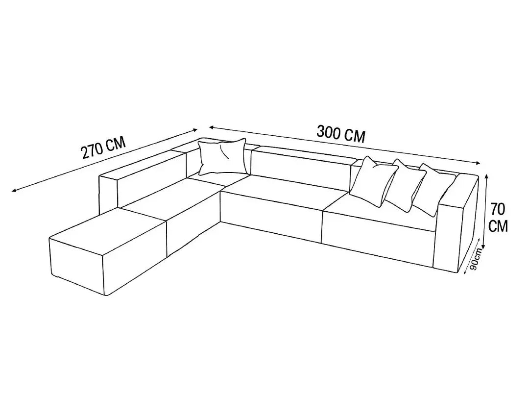 Sofa L Shape & 2 Pouf - Beech Wood - Linen Fabric - Beige - 300x270x90x70 cm - Cataloug