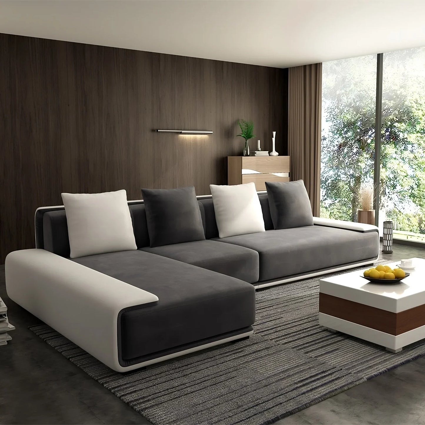 Sofa L Shape - Beech Wood - Linen Fabric - Grey & Beige - 280x180x90x75 cm - Cataloug