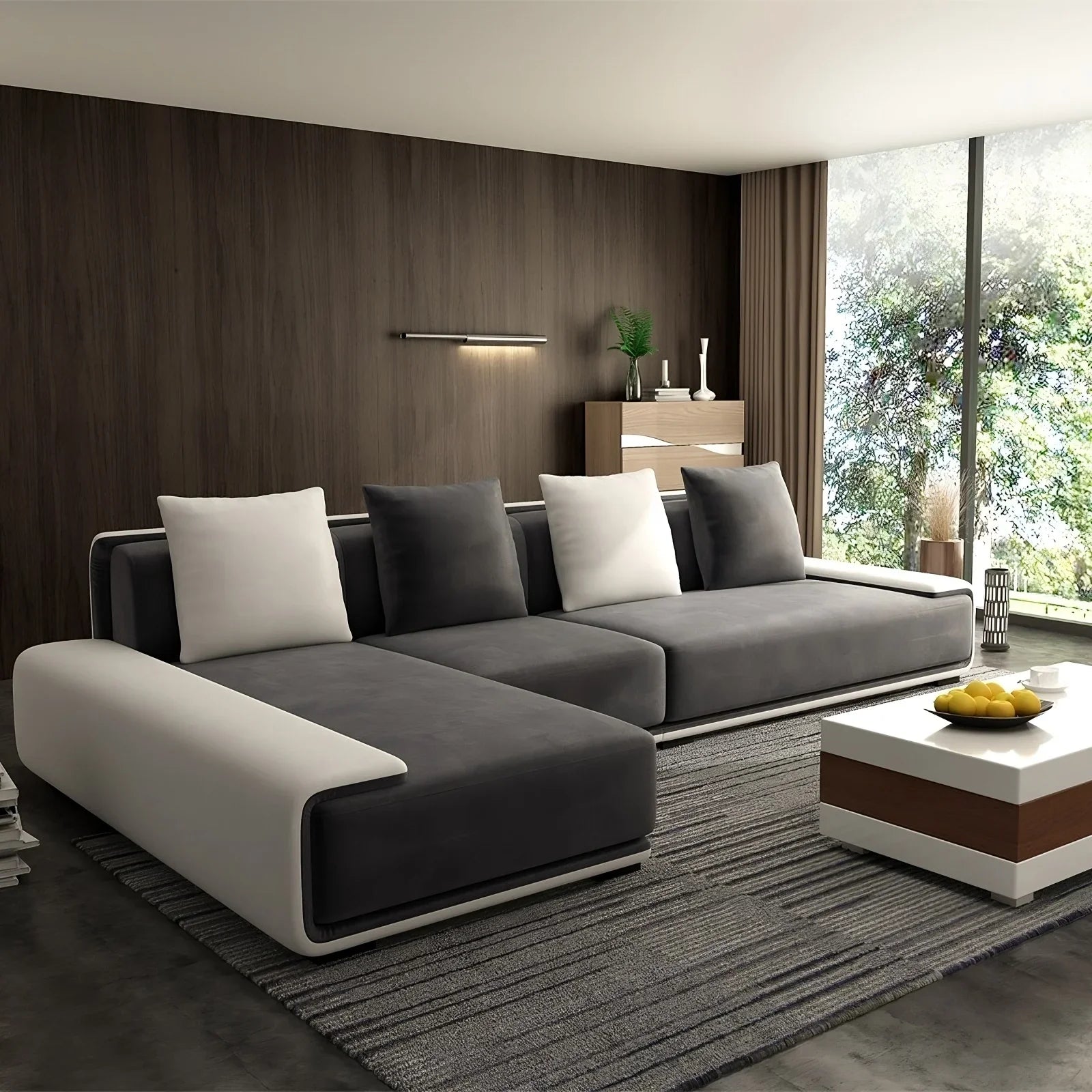Sofa L Shape - Beech Wood - Linen Fabric - Grey & Beige - 280x180x90x75 cm - Cataloug