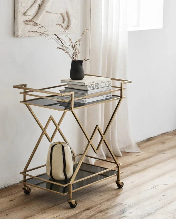 Serving Table - Steel - Glass - Gold - 70x40x90 cm