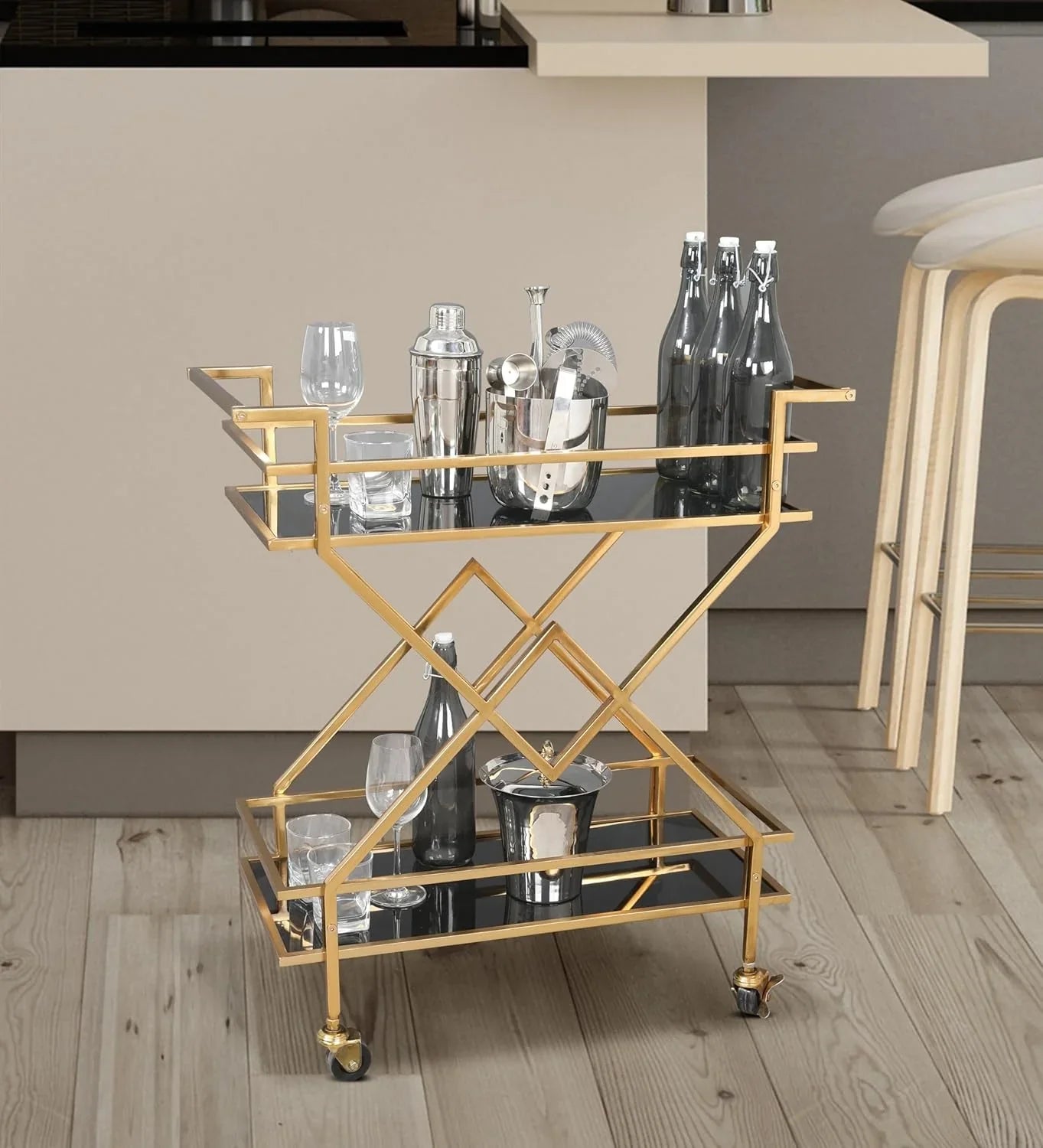 Serving Table - Steel - Glass - Gold - 70x40x90 cm