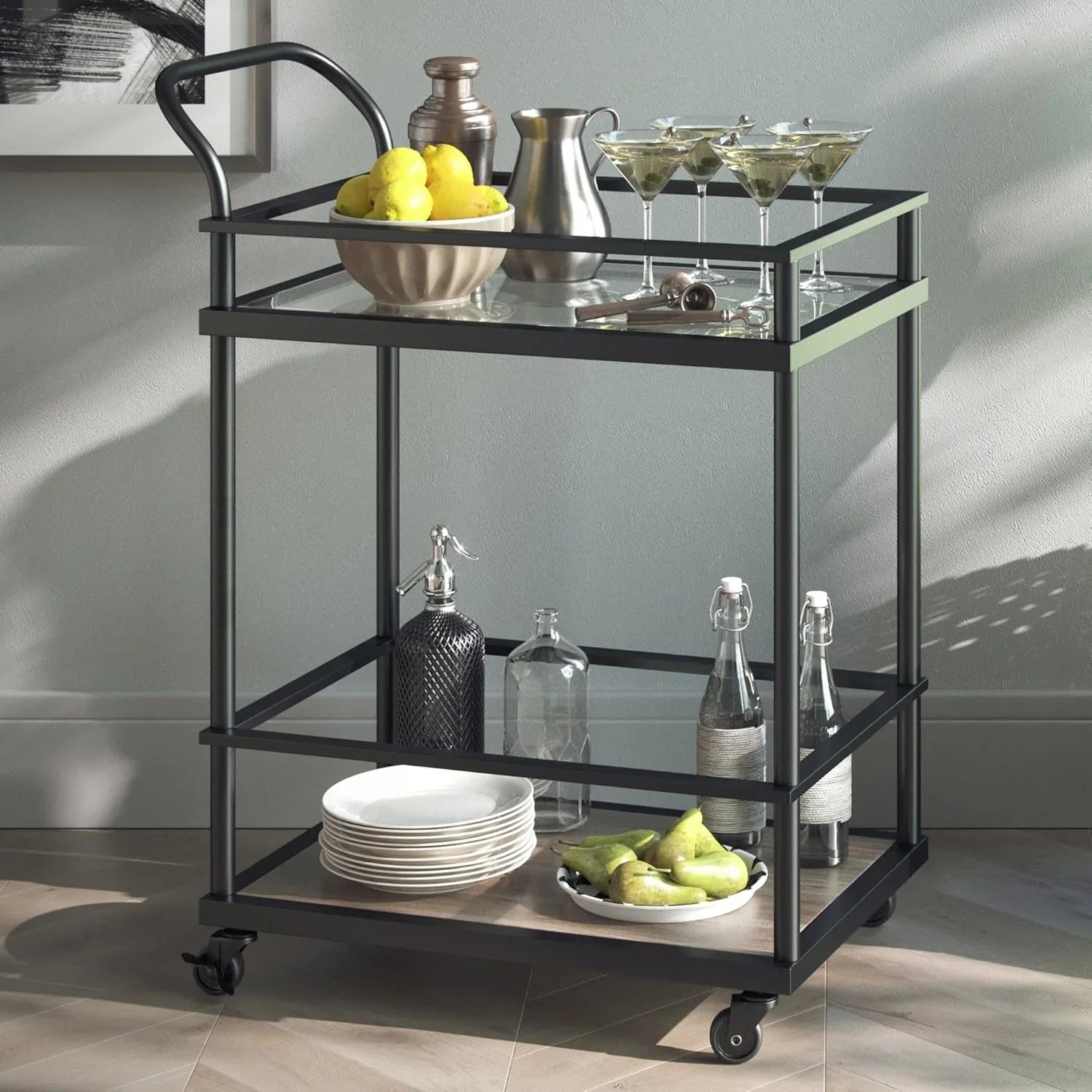Serving Table - Steel - Glass - Black - 60x40x90 cm