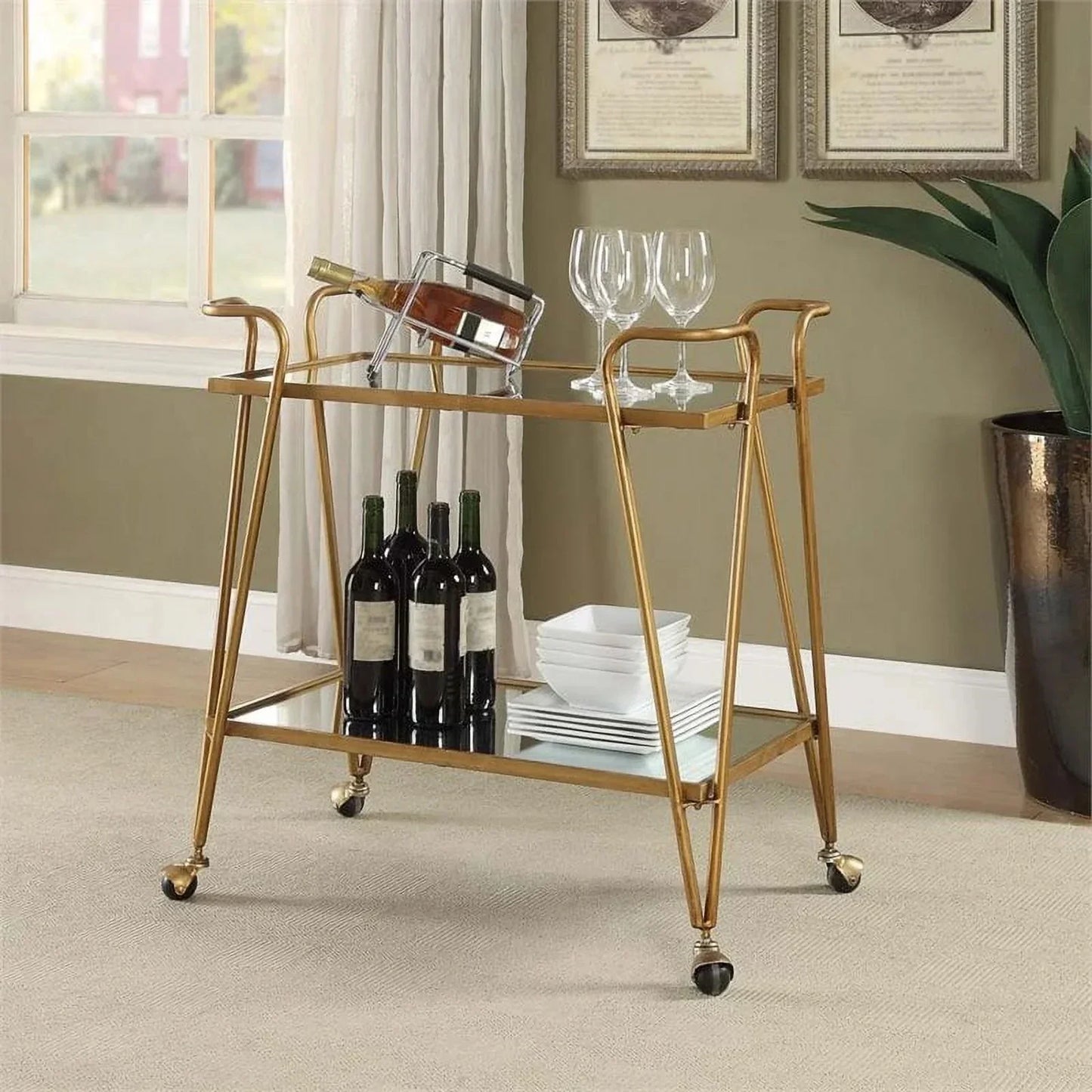 Serving Table - Steel - Glass - Gold - 80x40x90 cm