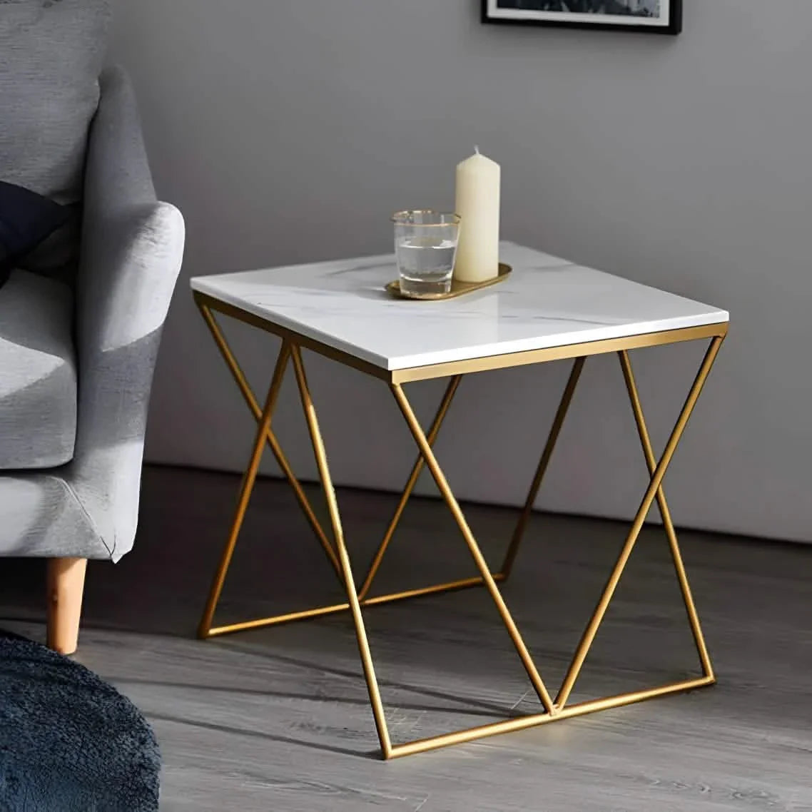 Side Table - Steel - Marble - Gold - 50x50x60 cm - Cataloug