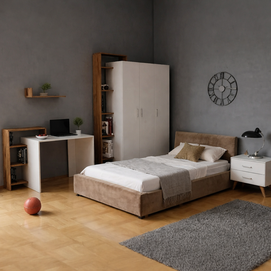 غرفة نوم شباب كامله - خشب ام دي اف - أبيض وبني