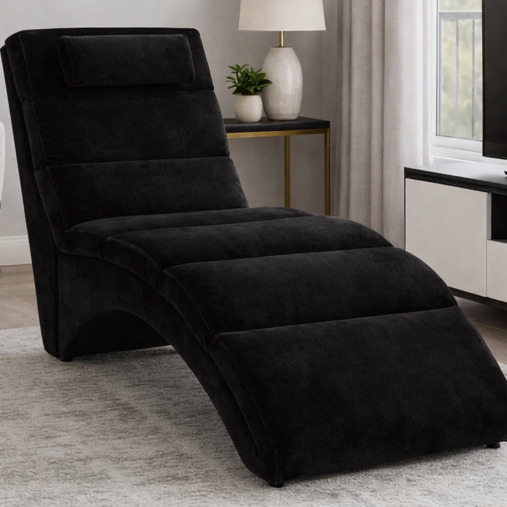 Recliner Chair - Natural Wood - Velvet Fabric - Black - 160x55 cm
