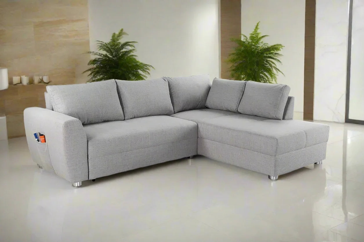 Sofa L Shape - Beech Wood - Linen Fabric - Grey - 280x200x85 cm - Cataloug