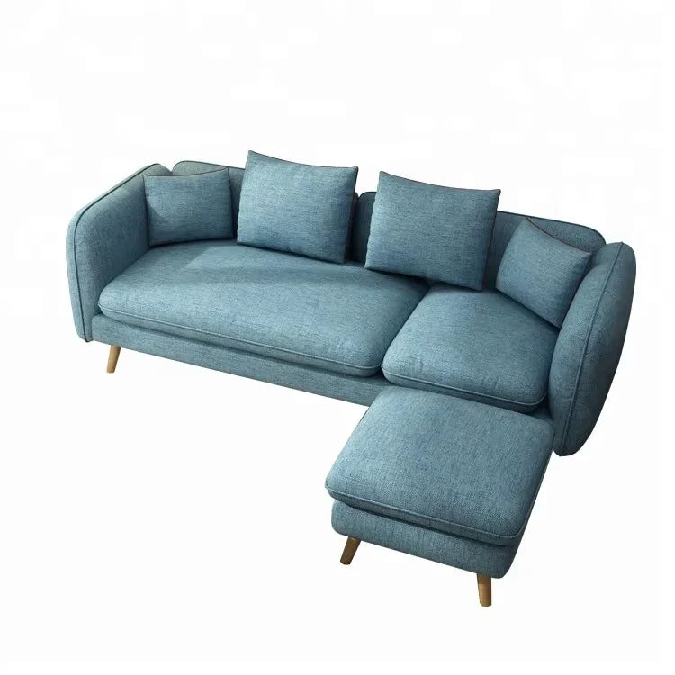 Sofa & Pouf - Beech Wood - Linen Fabric - Blue - 200x85 cm 60x60 cm - Cataloug