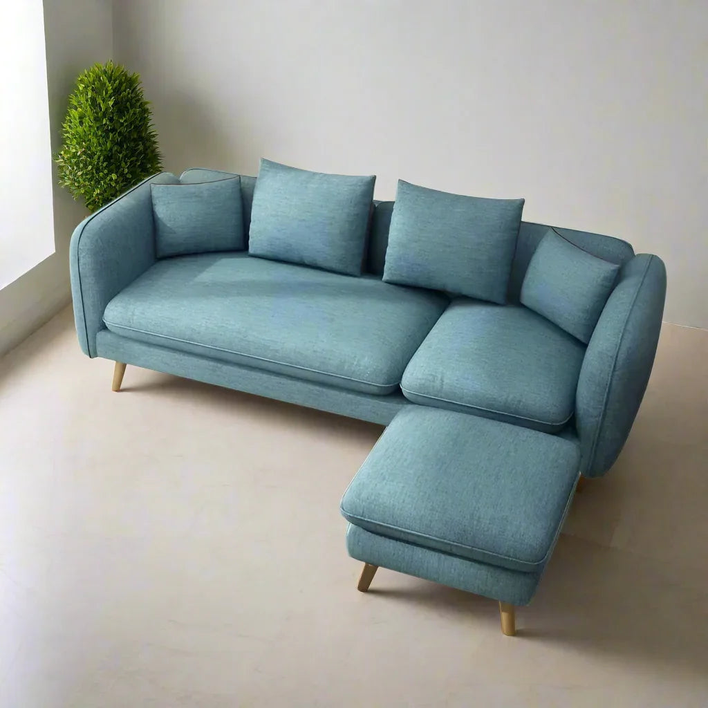 Sofa & Pouf - Beech Wood - Linen Fabric - Blue - 200x85 cm 60x60 cm - Cataloug