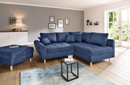 Sofa L Shape - Beech Wood - Linen Fabric - Blue - 250x180x90 cm 90x90 cm - Cataloug