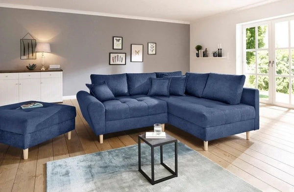 Sofa L Shape & Pouf - Beech Wood - Linen Fabric - Blue - 250x180x90 cm 90x90 cm - Cataloug