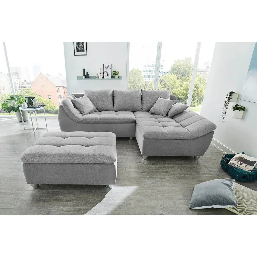 Sofa L Shape & Pouf - Beech Wood - Linen Fabric - Grey - 250x180x90 cm 90x90 cm - Cataloug