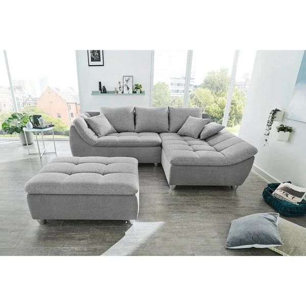 Sofa L Shape & Pouf - Beech Wood - Linen Fabric - Grey - 250x180x90 cm 90x90 cm - Cataloug