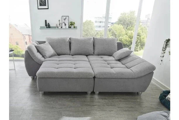 Sofa L Shape & Pouf - Beech Wood - Linen Fabric - Grey - 250x180x90 cm 90x90 cm - Cataloug