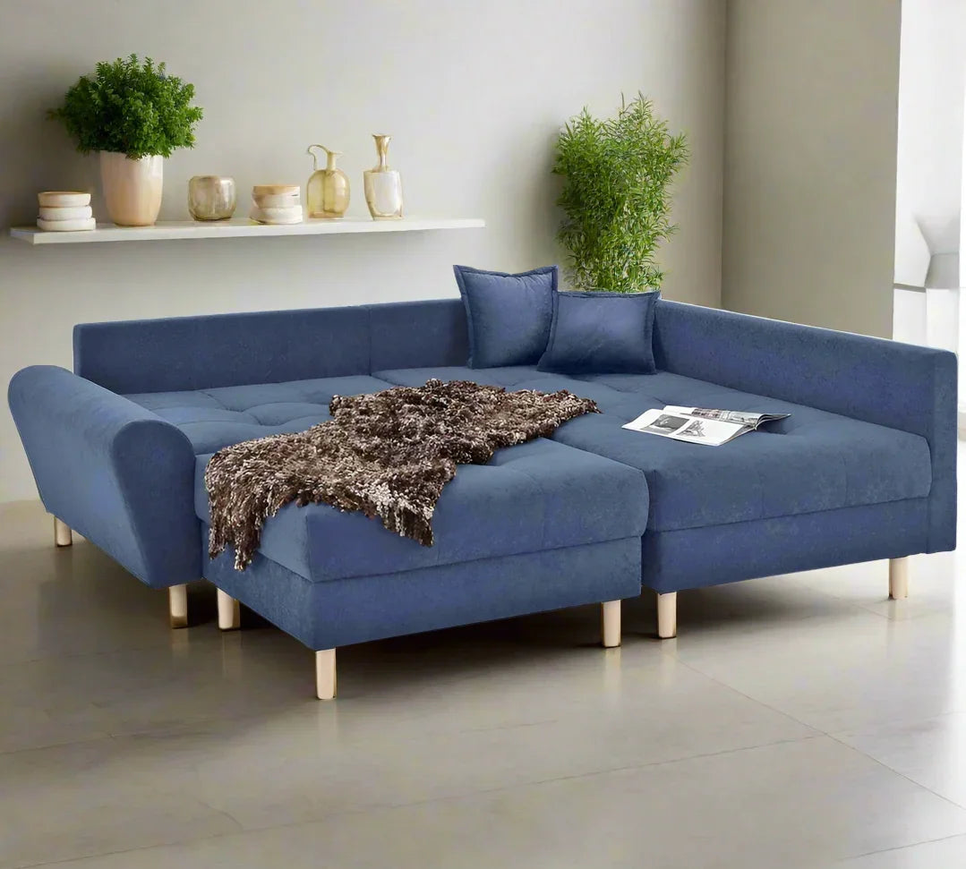 Sofa L Shape & Pouf - Beech Wood - Linen Fabric - Blue - 250x180x90 cm 90x90 cm - Cataloug