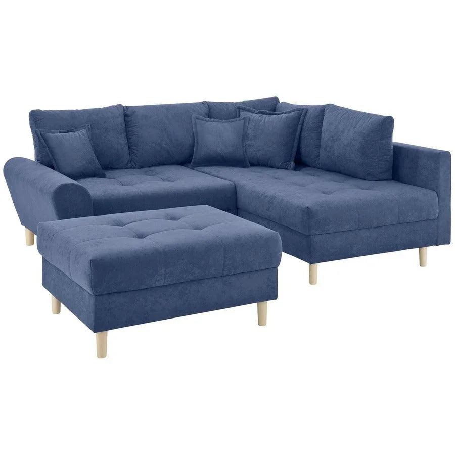 Sofa L Shape & Pouf - Beech Wood - Linen Fabric - Blue - 250x180x90 cm 90x90 cm - Cataloug