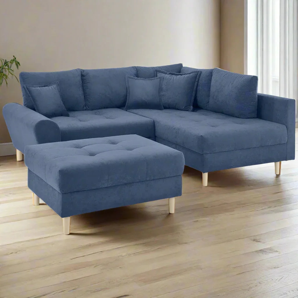 Sofa L Shape & Pouf - Beech Wood - Linen Fabric - Blue - 250x180x90 cm 90x90 cm - Cataloug