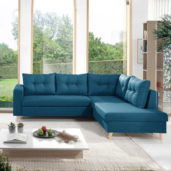 Sofa L Shape - Beech Wood - Suede Fabric - Blue - 280x200x85 cm - Cataloug
