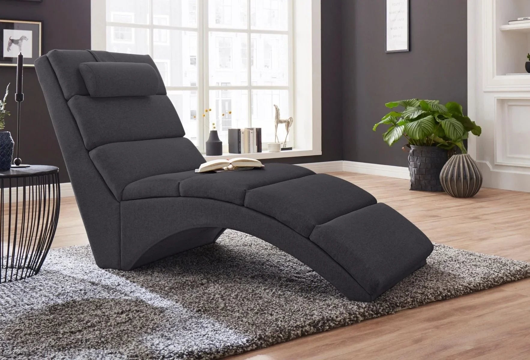 Recliner Chair - Beech Wood - Linen Fabric - Black - 160x55 cm - Cataloug