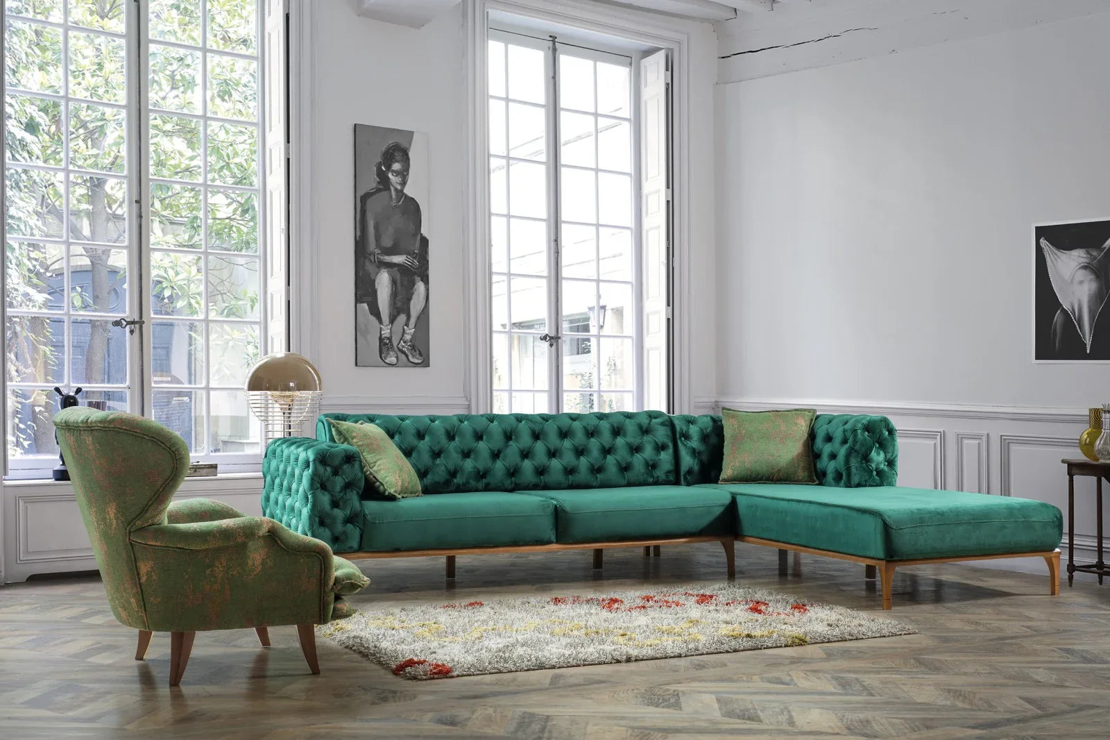 Sofa L Shape - Beech Wood - Velvet Fabric - Green - 300x200x90 cm - Cataloug