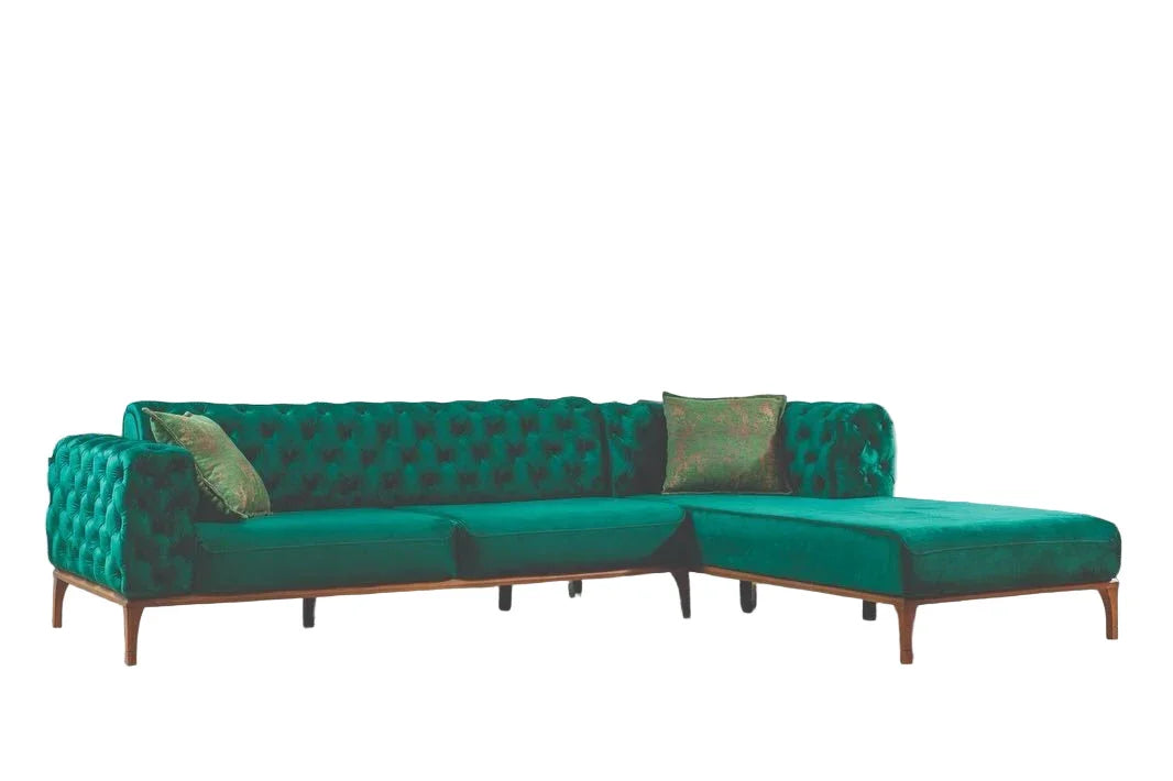 Sofa L Shape - Beech Wood - Velvet Fabric - Green - 300x200x90 cm - Cataloug