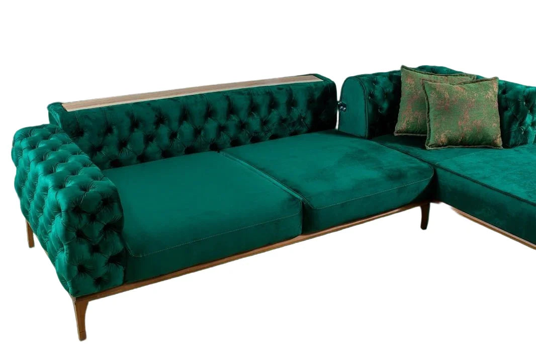 Sofa L Shape - Beech Wood - Velvet Fabric - Green - 300x200x90 cm - Cataloug