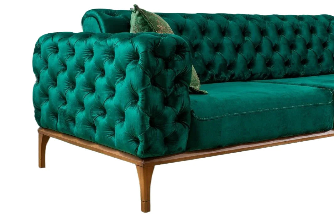 Sofa L Shape - Beech Wood - Velvet Fabric - Green - 300x200x90 cm - Cataloug