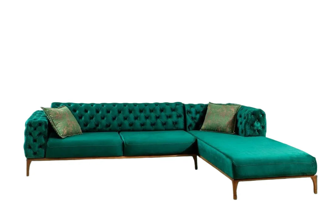 Sofa L Shape - Beech Wood - Velvet Fabric - Green - 300x200x90 cm - Cataloug