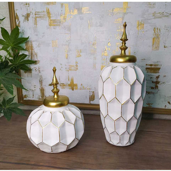 Polyster Vase-Polyster -Off White & Gold- Multi Size