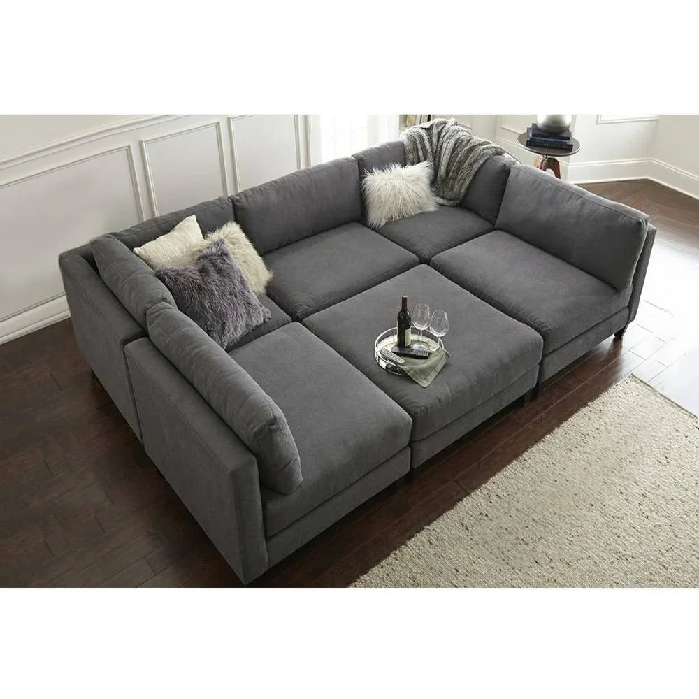 Sofa U Shape & Pouf - Beech Wood - Linen Fabric - Grey - 270x180x180 cm 90x90 cm - Cataloug