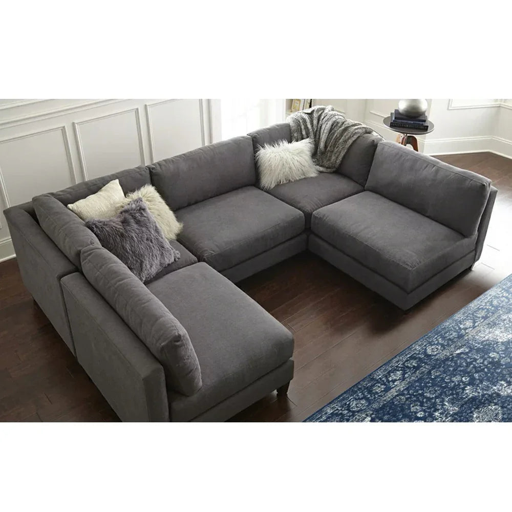 Sofa U Shape & Pouf - Beech Wood - Linen Fabric - Grey - 270x180x180 cm 90x90 cm - Cataloug