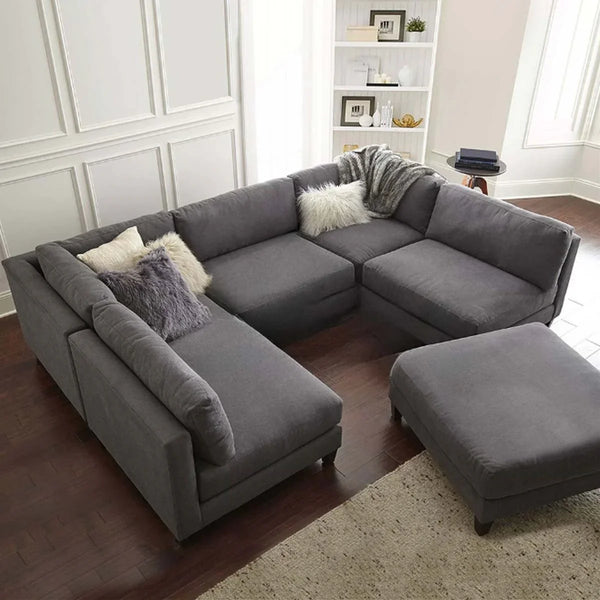 Sofa U Shape & Pouf - Beech Wood - Linen Fabric - Grey - 270x180x180 cm 90x90 cm - Cataloug