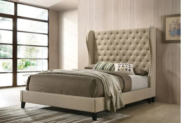 Bed - Beech Wood - Velvet Fabric - Beige - 200x180 cm - Cataloug