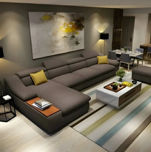 Sofa L Shape - Beech Wood - Linen Fabric - Brown - 340x200x90 cm - Cataloug